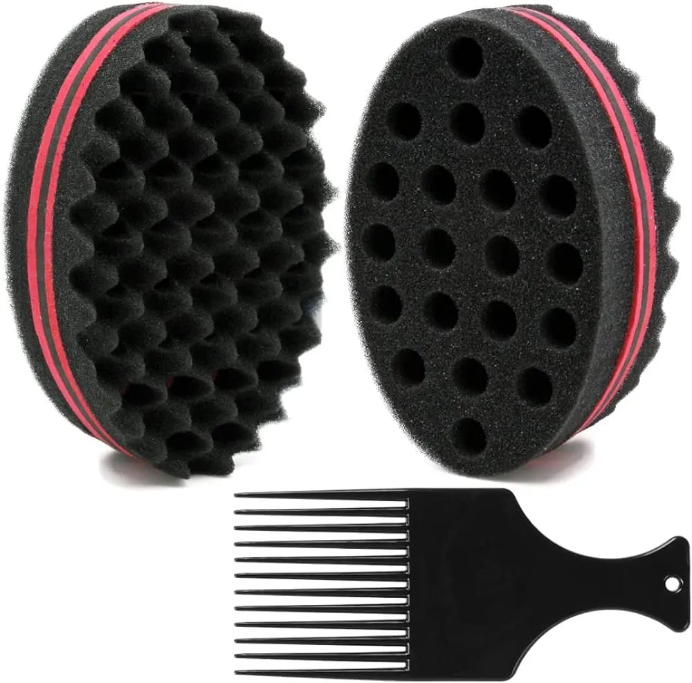 Éponge twist + peigne afro pick — outil coiffure